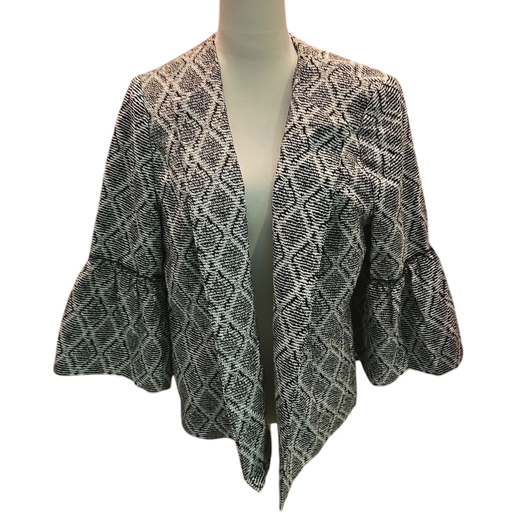 Kasper Black White Gray Diamond Print Bell Sleeve Open Front Cardigan Women 14 - Picture 1 of 16